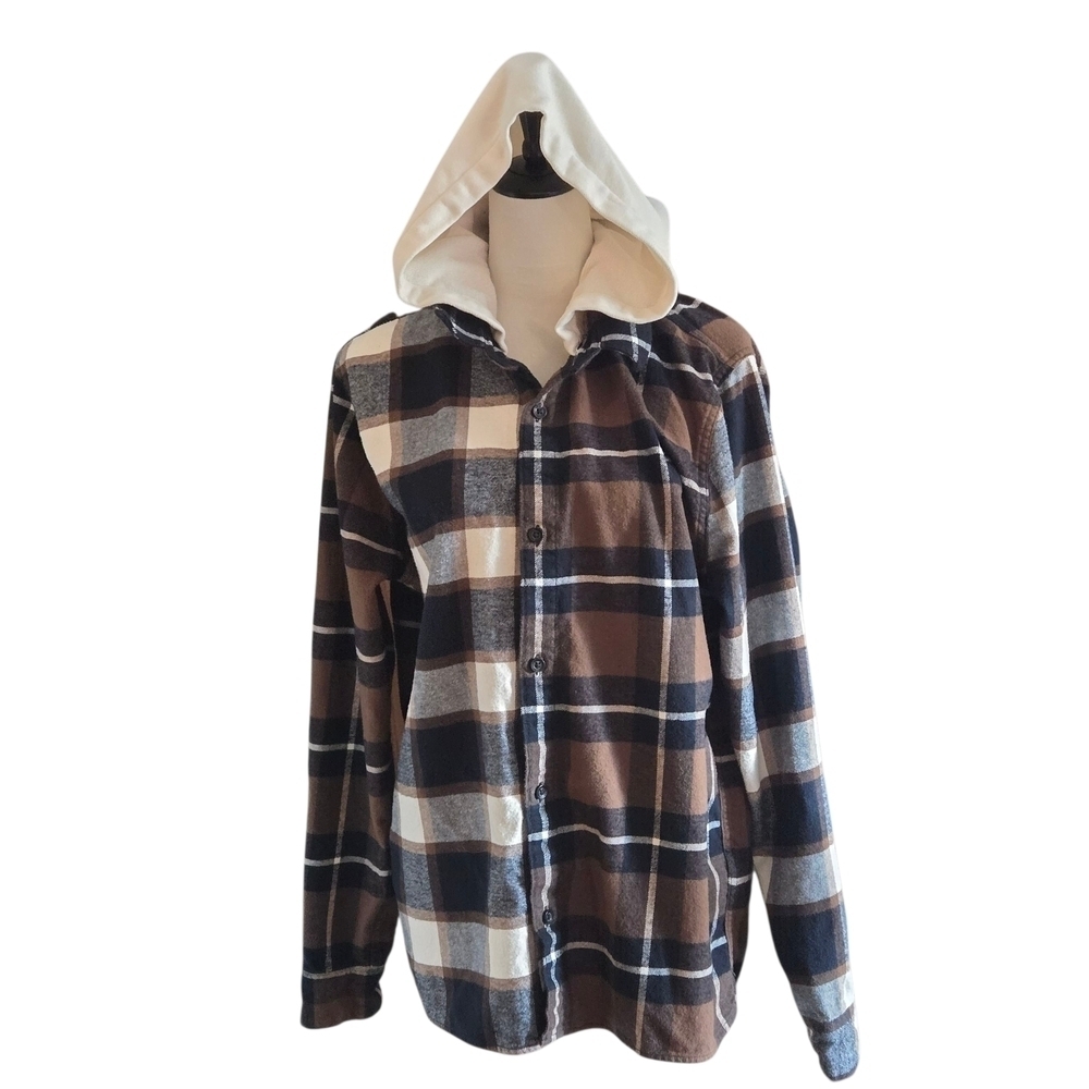 Hollister Women's L Hooded Split Plaid Shacket TwoTone Colorblock Cotton Flannel